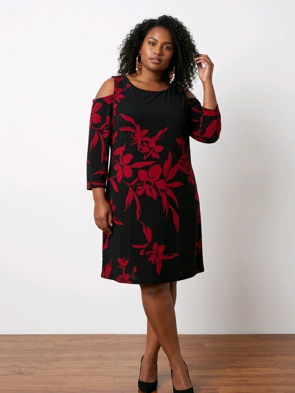 American Living Size 18 Black Red Floral Cold Shoulder Shift Dress